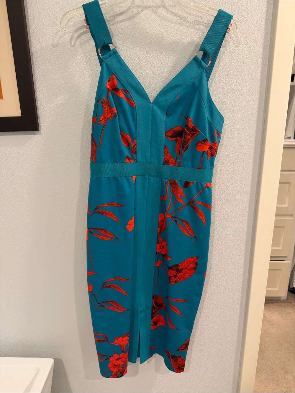Ted Baker London Teal Midi Dress with Red Floral Motif